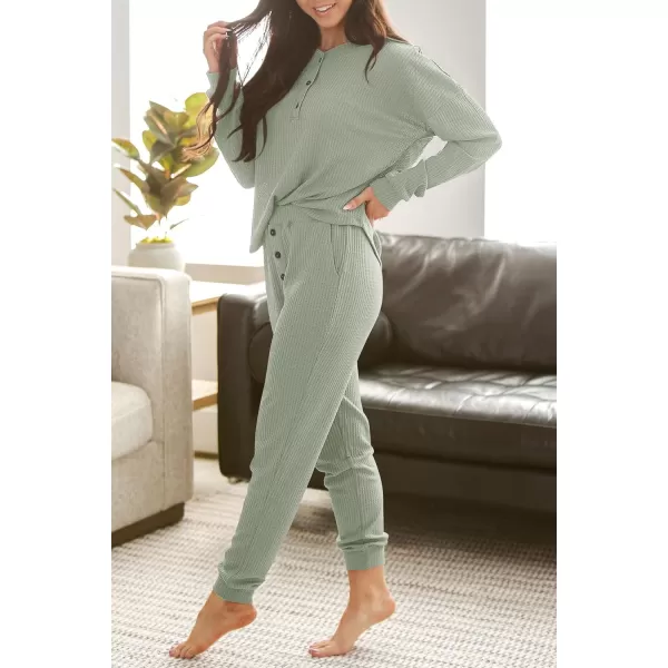 imagePRETTYGARDEN Womens 2 Piece Waffle Knit Lounge Outfit Long Sleeve Henley Top and Sweatpants Set TracksuitLight Green