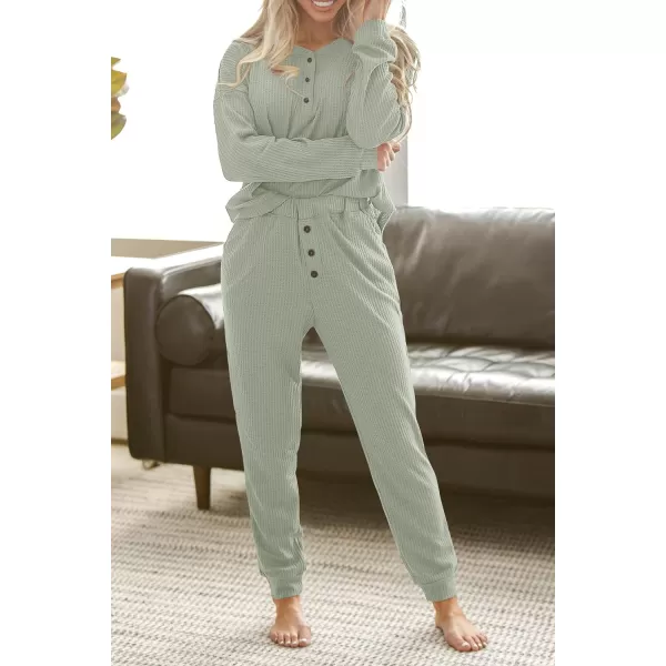 imagePRETTYGARDEN Womens 2 Piece Waffle Knit Lounge Outfit Long Sleeve Henley Top and Sweatpants Set TracksuitLight Green
