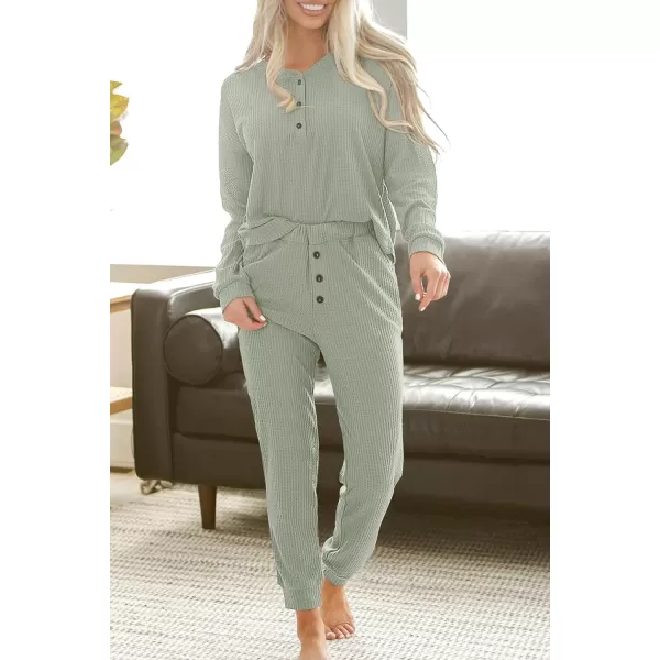 imagePRETTYGARDEN Womens 2 Piece Waffle Knit Lounge Outfit Long Sleeve Henley Top and Sweatpants Set TracksuitLight Green