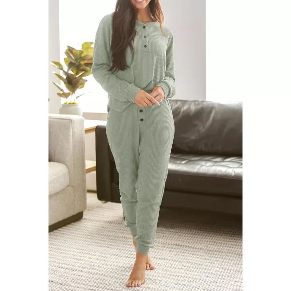 imagePRETTYGARDEN Womens 2 Piece Waffle Knit Lounge Outfit Long Sleeve Henley Top and Sweatpants Set TracksuitLight Green