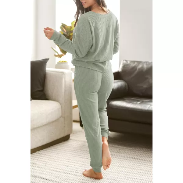 imagePRETTYGARDEN Womens 2 Piece Waffle Knit Lounge Outfit Long Sleeve Henley Top and Sweatpants Set TracksuitLight Green