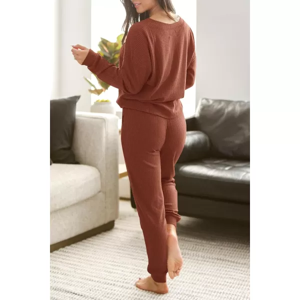 imagePRETTYGARDEN Womens 2 Piece Waffle Knit Lounge Outfit Long Sleeve Henley Top and Sweatpants Set TracksuitRust Red