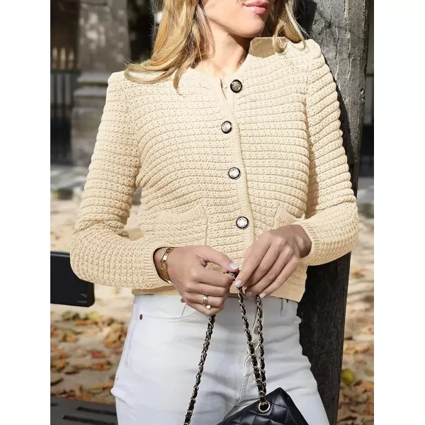 imagePRETTYGARDEN Womens 2023 Cardigan Sweaters Fall Open Front Button Down Long Sleeve Pockets Casual Chunky Knit Shirt OuterwearBeige