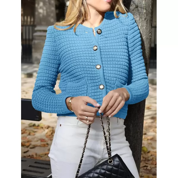 imagePRETTYGARDEN Womens 2023 Cardigan Sweaters Fall Open Front Button Down Long Sleeve Pockets Casual Chunky Knit Shirt OuterwearBlue