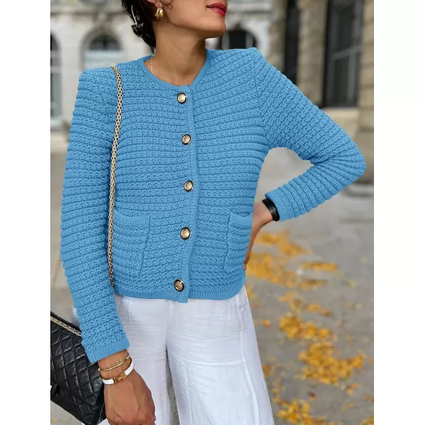 imagePRETTYGARDEN Womens 2023 Cardigan Sweaters Fall Open Front Button Down Long Sleeve Pockets Casual Chunky Knit Shirt OuterwearBlue