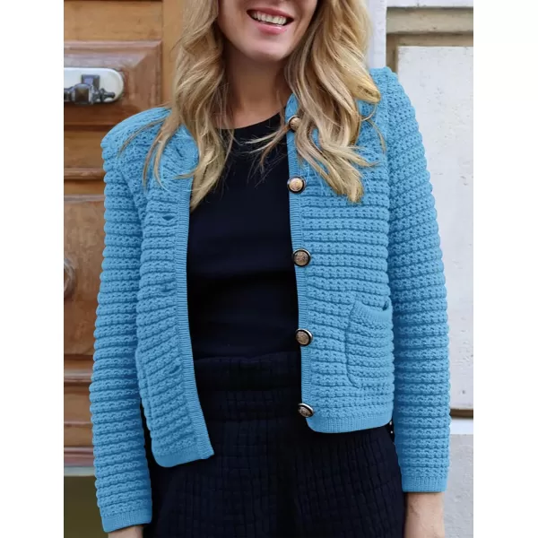 imagePRETTYGARDEN Womens 2023 Cardigan Sweaters Fall Open Front Button Down Long Sleeve Pockets Casual Chunky Knit Shirt OuterwearBlue