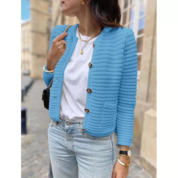 imagePRETTYGARDEN Womens 2023 Cardigan Sweaters Fall Open Front Button Down Long Sleeve Pockets Casual Chunky Knit Shirt OuterwearBlue