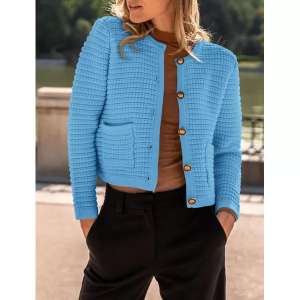imagePRETTYGARDEN Womens 2023 Cardigan Sweaters Fall Open Front Button Down Long Sleeve Pockets Casual Chunky Knit Shirt OuterwearBlue