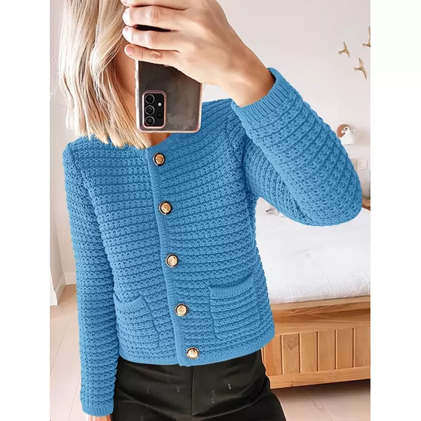imagePRETTYGARDEN Womens 2023 Cardigan Sweaters Fall Open Front Button Down Long Sleeve Pockets Casual Chunky Knit Shirt OuterwearBlue