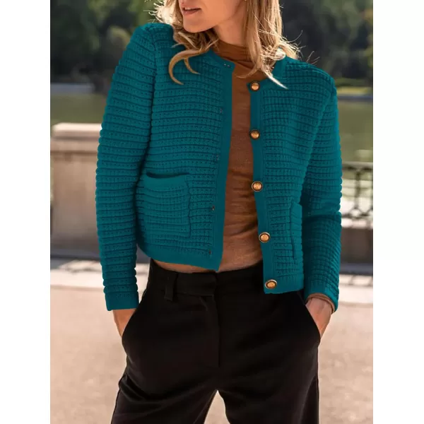 imagePRETTYGARDEN Womens 2023 Cardigan Sweaters Fall Open Front Button Down Long Sleeve Pockets Casual Chunky Knit Shirt OuterwearBlue Green