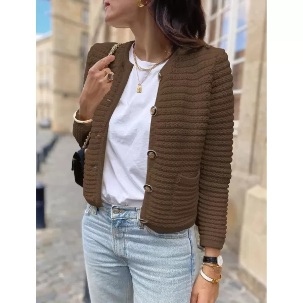 imagePRETTYGARDEN Womens 2023 Cardigan Sweaters Fall Open Front Button Down Long Sleeve Pockets Casual Chunky Knit Shirt OuterwearCoffee