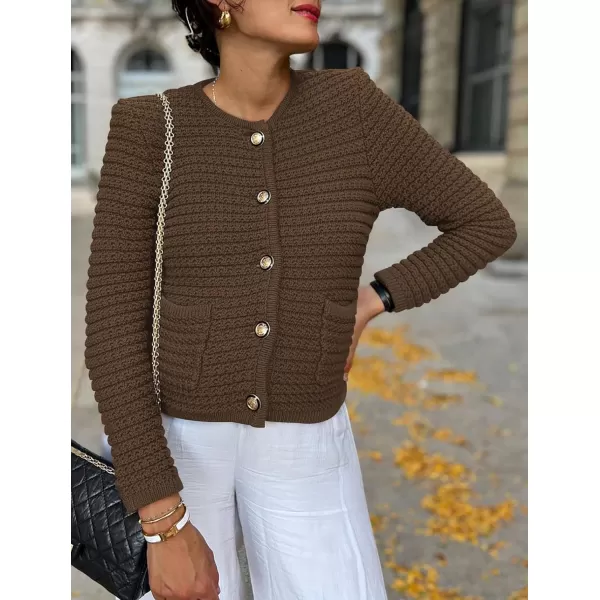 imagePRETTYGARDEN Womens 2023 Cardigan Sweaters Fall Open Front Button Down Long Sleeve Pockets Casual Chunky Knit Shirt OuterwearCoffee