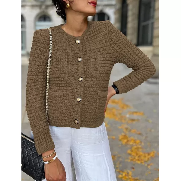 imagePRETTYGARDEN Womens 2023 Cardigan Sweaters Fall Open Front Button Down Long Sleeve Pockets Casual Chunky Knit Shirt OuterwearDark Khaki