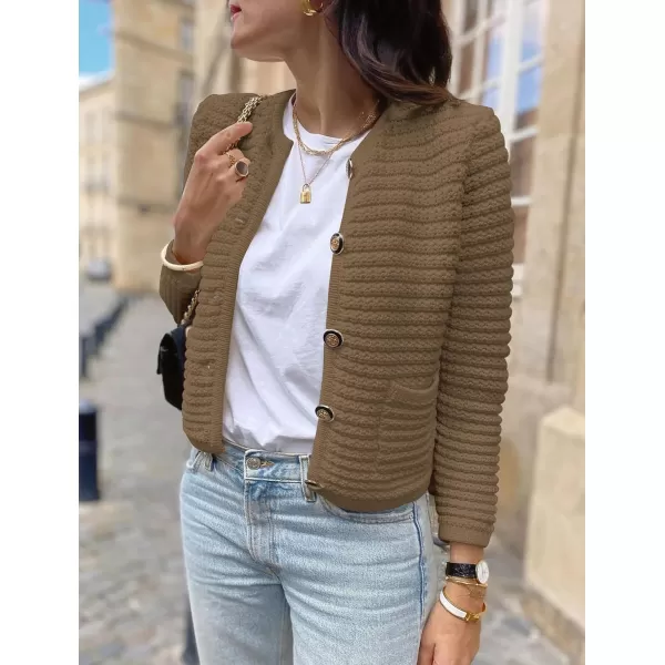 imagePRETTYGARDEN Womens 2023 Cardigan Sweaters Fall Open Front Button Down Long Sleeve Pockets Casual Chunky Knit Shirt OuterwearDark Khaki