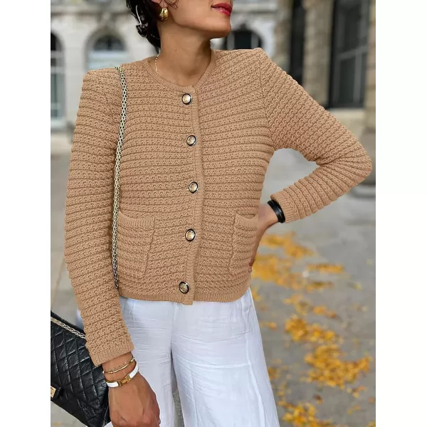 imagePRETTYGARDEN Womens 2023 Cardigan Sweaters Fall Open Front Button Down Long Sleeve Pockets Casual Chunky Knit Shirt OuterwearKhaki
