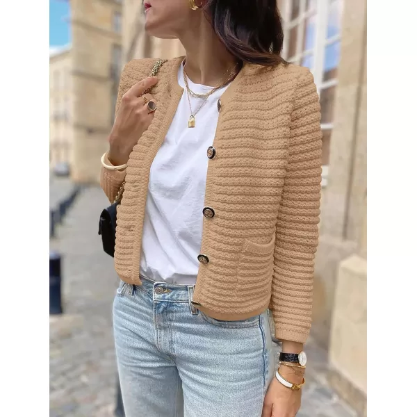 imagePRETTYGARDEN Womens 2023 Cardigan Sweaters Fall Open Front Button Down Long Sleeve Pockets Casual Chunky Knit Shirt OuterwearKhaki