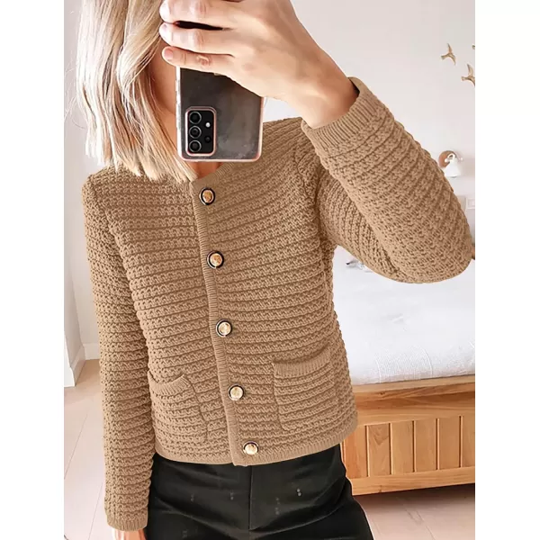 imagePRETTYGARDEN Womens 2023 Cardigan Sweaters Fall Open Front Button Down Long Sleeve Pockets Casual Chunky Knit Shirt OuterwearKhaki