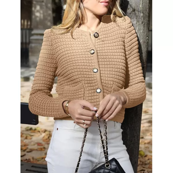 imagePRETTYGARDEN Womens 2023 Cardigan Sweaters Fall Open Front Button Down Long Sleeve Pockets Casual Chunky Knit Shirt OuterwearKhaki