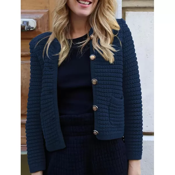 imagePRETTYGARDEN Womens 2023 Cardigan Sweaters Fall Open Front Button Down Long Sleeve Pockets Casual Chunky Knit Shirt OuterwearNavy