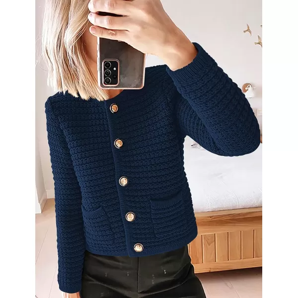 imagePRETTYGARDEN Womens 2023 Cardigan Sweaters Fall Open Front Button Down Long Sleeve Pockets Casual Chunky Knit Shirt OuterwearNavy