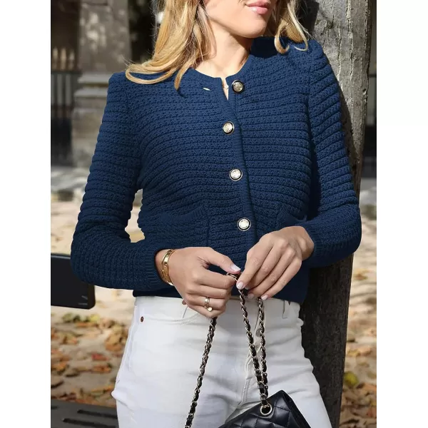 imagePRETTYGARDEN Womens 2023 Cardigan Sweaters Fall Open Front Button Down Long Sleeve Pockets Casual Chunky Knit Shirt OuterwearNavy