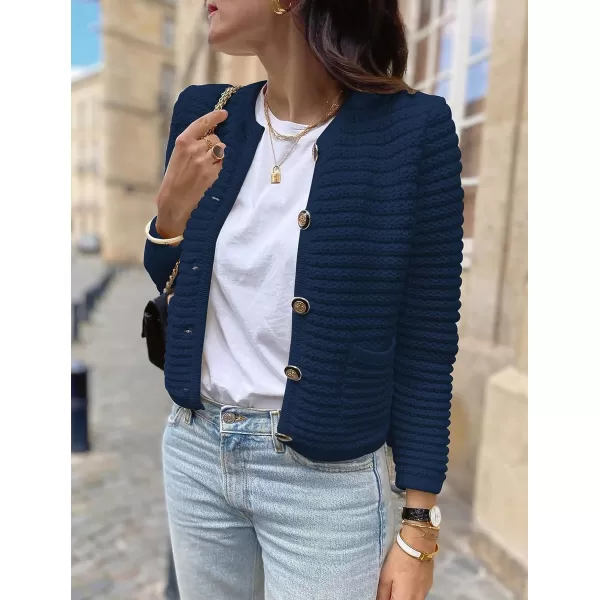 imagePRETTYGARDEN Womens 2023 Cardigan Sweaters Fall Open Front Button Down Long Sleeve Pockets Casual Chunky Knit Shirt OuterwearNavy