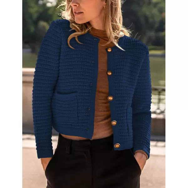imagePRETTYGARDEN Womens 2023 Cardigan Sweaters Fall Open Front Button Down Long Sleeve Pockets Casual Chunky Knit Shirt OuterwearNavy