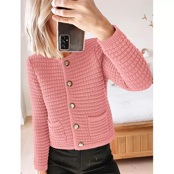 imagePRETTYGARDEN Womens 2023 Cardigan Sweaters Fall Open Front Button Down Long Sleeve Pockets Casual Chunky Knit Shirt OuterwearPink