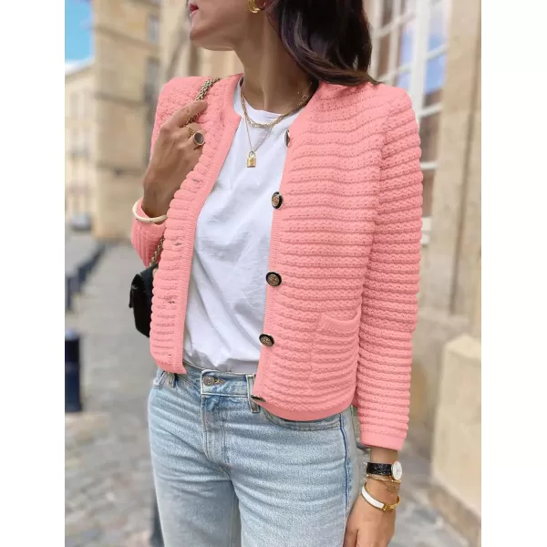 imagePRETTYGARDEN Womens 2023 Cardigan Sweaters Fall Open Front Button Down Long Sleeve Pockets Casual Chunky Knit Shirt OuterwearPink