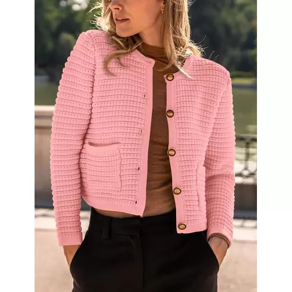 imagePRETTYGARDEN Womens 2023 Cardigan Sweaters Fall Open Front Button Down Long Sleeve Pockets Casual Chunky Knit Shirt OuterwearPink