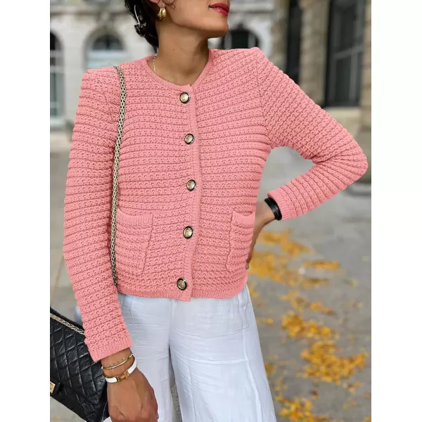imagePRETTYGARDEN Womens 2023 Cardigan Sweaters Fall Open Front Button Down Long Sleeve Pockets Casual Chunky Knit Shirt OuterwearPink