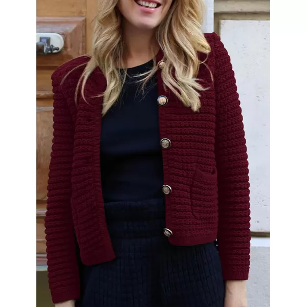 imagePRETTYGARDEN Womens 2023 Cardigan Sweaters Fall Open Front Button Down Long Sleeve Pockets Casual Chunky Knit Shirt OuterwearWine Red