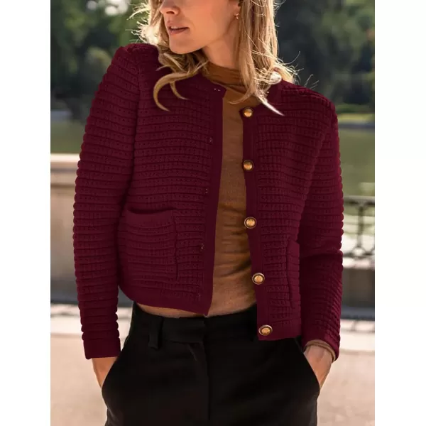 imagePRETTYGARDEN Womens 2023 Cardigan Sweaters Fall Open Front Button Down Long Sleeve Pockets Casual Chunky Knit Shirt OuterwearWine Red