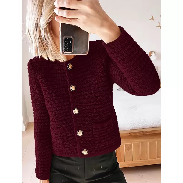 imagePRETTYGARDEN Womens 2023 Cardigan Sweaters Fall Open Front Button Down Long Sleeve Pockets Casual Chunky Knit Shirt OuterwearWine Red