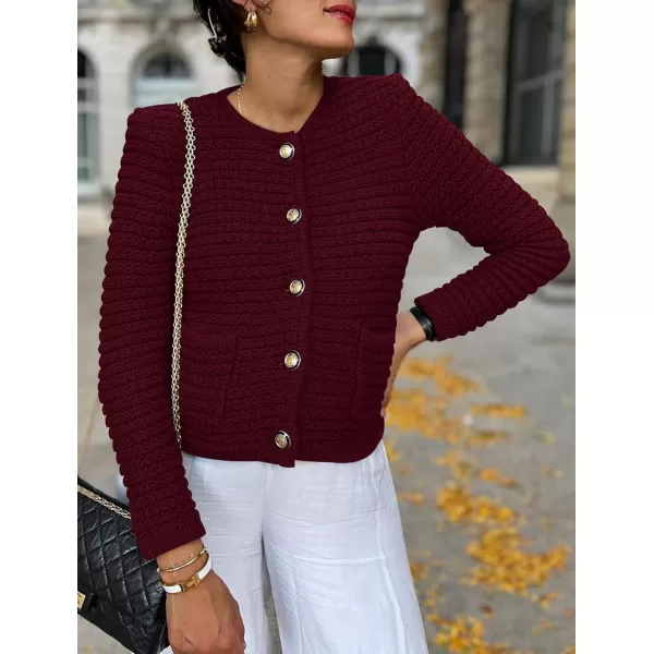 imagePRETTYGARDEN Womens 2023 Cardigan Sweaters Fall Open Front Button Down Long Sleeve Pockets Casual Chunky Knit Shirt OuterwearWine Red