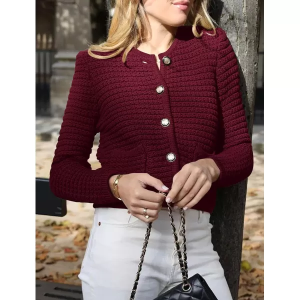 imagePRETTYGARDEN Womens 2023 Cardigan Sweaters Fall Open Front Button Down Long Sleeve Pockets Casual Chunky Knit Shirt OuterwearWine Red
