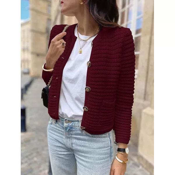 imagePRETTYGARDEN Womens 2023 Cardigan Sweaters Fall Open Front Button Down Long Sleeve Pockets Casual Chunky Knit Shirt OuterwearWine Red