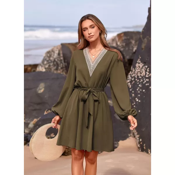 imagePRETTYGARDEN Womens 2023 Casual Fall Dress Long Sleeve Lace Trim V Neck Belted Short A Line Flowy DressArmy Green