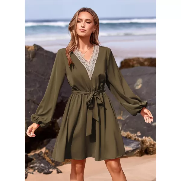 imagePRETTYGARDEN Womens 2023 Casual Fall Dress Long Sleeve Lace Trim V Neck Belted Short A Line Flowy DressArmy Green