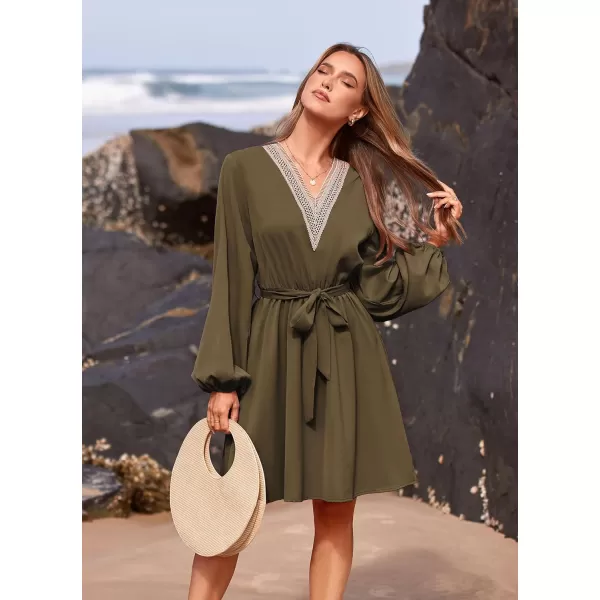 imagePRETTYGARDEN Womens 2023 Casual Fall Dress Long Sleeve Lace Trim V Neck Belted Short A Line Flowy DressArmy Green