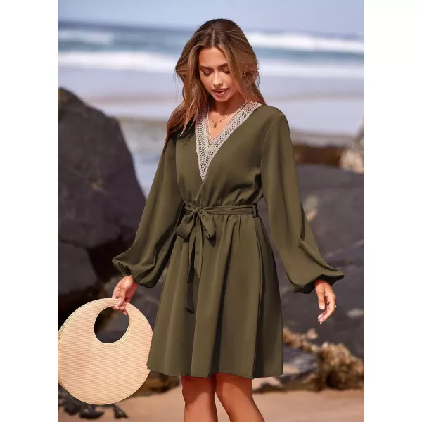 imagePRETTYGARDEN Womens 2023 Casual Fall Dress Long Sleeve Lace Trim V Neck Belted Short A Line Flowy DressArmy Green