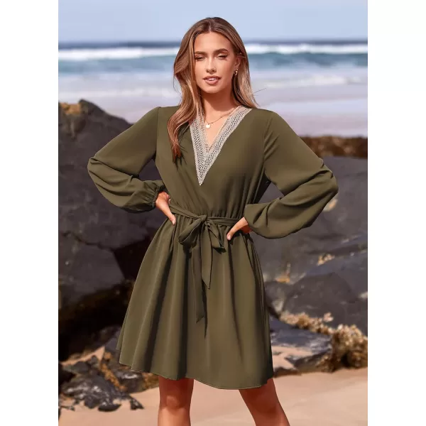 imagePRETTYGARDEN Womens 2023 Casual Fall Dress Long Sleeve Lace Trim V Neck Belted Short A Line Flowy DressArmy Green