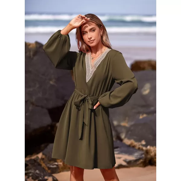imagePRETTYGARDEN Womens 2023 Casual Fall Dress Long Sleeve Lace Trim V Neck Belted Short A Line Flowy DressArmy Green