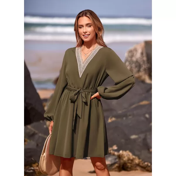 imagePRETTYGARDEN Womens 2023 Casual Fall Dress Long Sleeve Lace Trim V Neck Belted Short A Line Flowy DressArmy Green