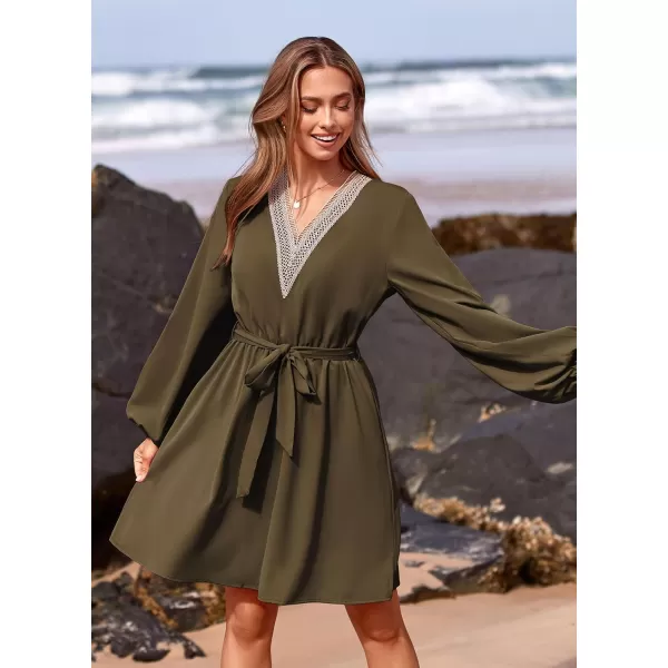 imagePRETTYGARDEN Womens 2023 Casual Fall Dress Long Sleeve Lace Trim V Neck Belted Short A Line Flowy DressArmy Green