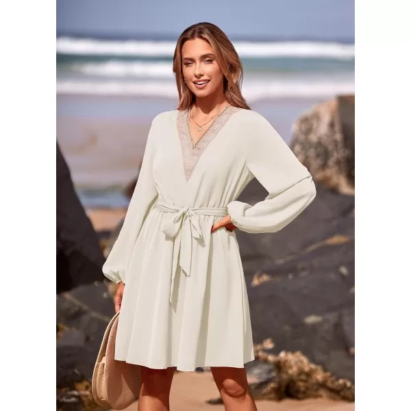 imagePRETTYGARDEN Womens 2023 Casual Fall Dress Long Sleeve Lace Trim V Neck Belted Short A Line Flowy DressBeige White