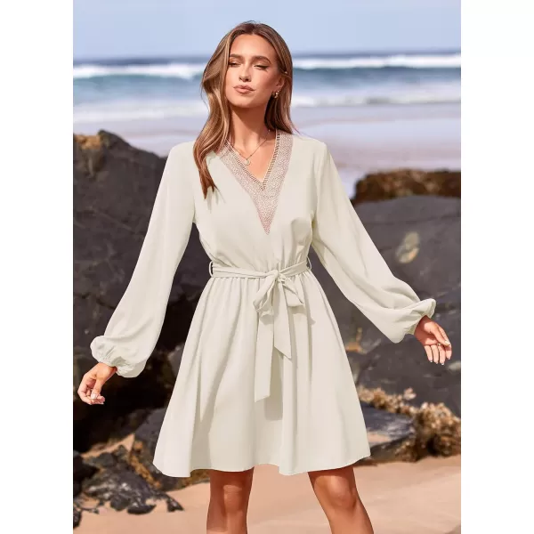imagePRETTYGARDEN Womens 2023 Casual Fall Dress Long Sleeve Lace Trim V Neck Belted Short A Line Flowy DressBeige White