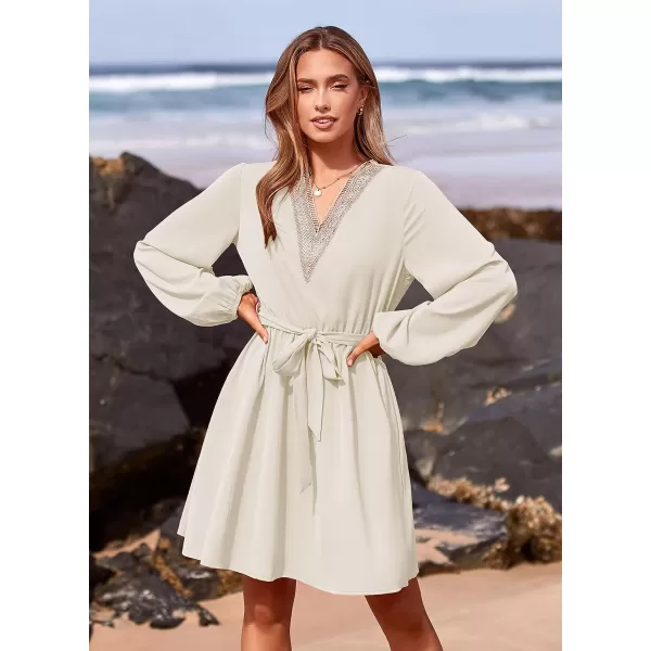 imagePRETTYGARDEN Womens 2023 Casual Fall Dress Long Sleeve Lace Trim V Neck Belted Short A Line Flowy DressBeige White