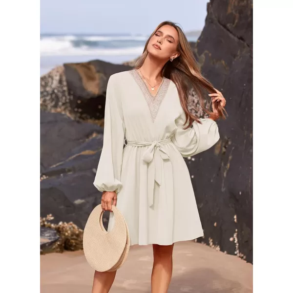 imagePRETTYGARDEN Womens 2023 Casual Fall Dress Long Sleeve Lace Trim V Neck Belted Short A Line Flowy DressBeige White