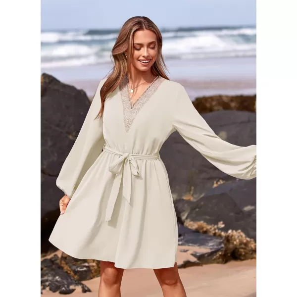 imagePRETTYGARDEN Womens 2023 Casual Fall Dress Long Sleeve Lace Trim V Neck Belted Short A Line Flowy DressBeige White